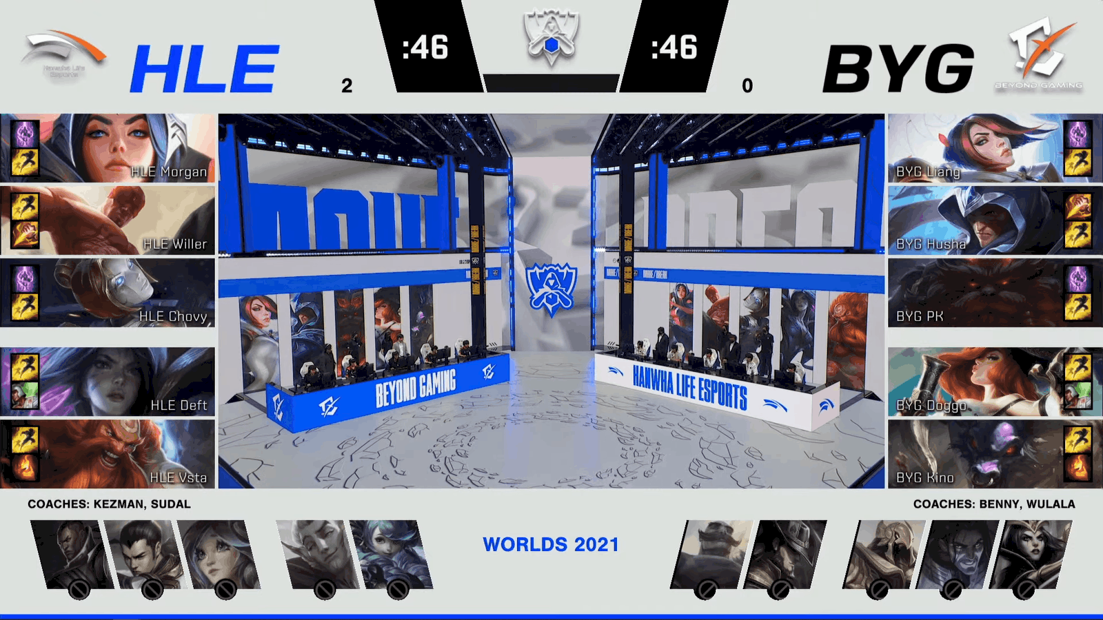 A screenshot from the 2021 World Championship Play-in Knockouts broadcast, showing the Game Three drafts between Beyond Gaming and Hanwha Life Esports with a shot of the teams on the Worlds 2021 stage in the middle.