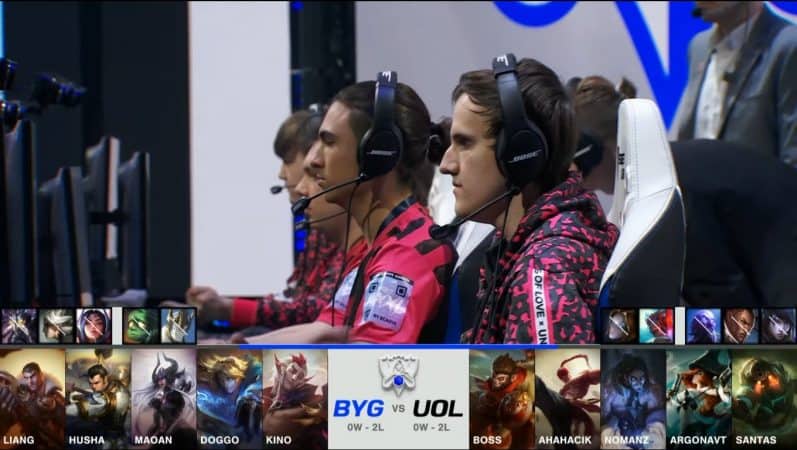A screenshot from the 2021 World Championship Play-ins broadcast, showing the drafts between Beyond Gaming and Unicorns of Love with a shot of the UOL roster on stage in the middle.