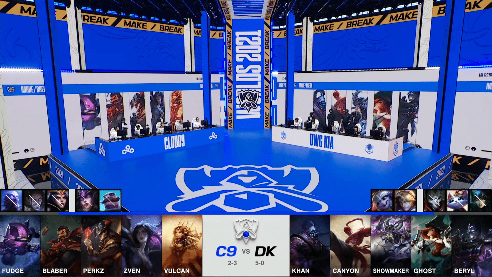 A screenshot from the 2021 World Championship Main Event Group Stage broadcast, showing the champion drafts between Cloud9 and DAMWON KIA with a shot of C9 and DWG KIA on the Worlds 2021 stage above.