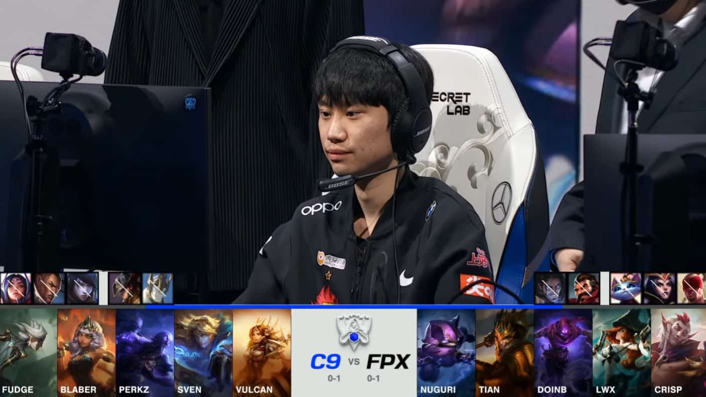 A screenshot from the 2021 World Championship Main Event Group Stage broadcast, showing the champion drafts between Cloud9 and FunPlus Phoenix with a shot of FPX mid laner Doinb above.