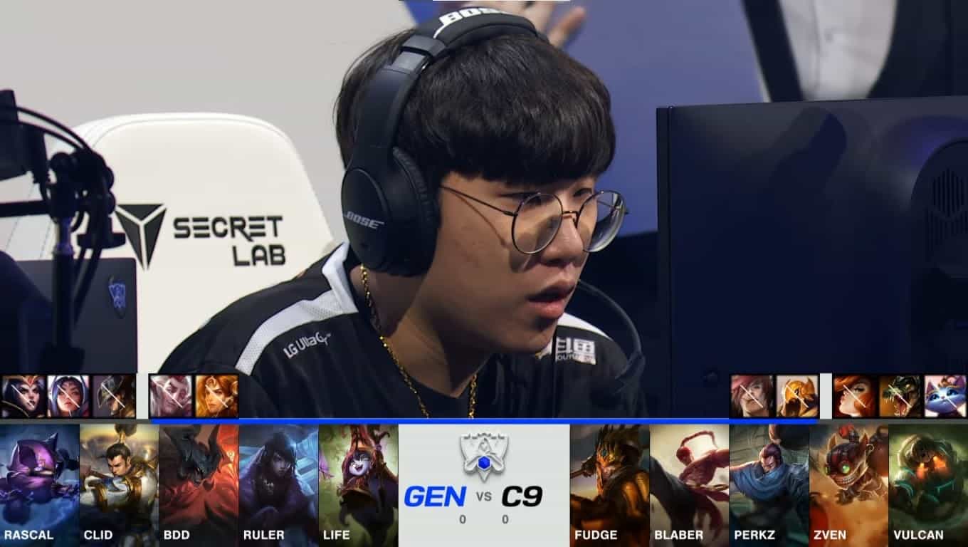 A screenshot from the 2021 World Championship Main Event Quarterfinals broadcast, showing the Game One champion drafts between Cloud9 and Gen.G with a shot of GEN ADC Park "Ruler" Jae-hyuk above.
