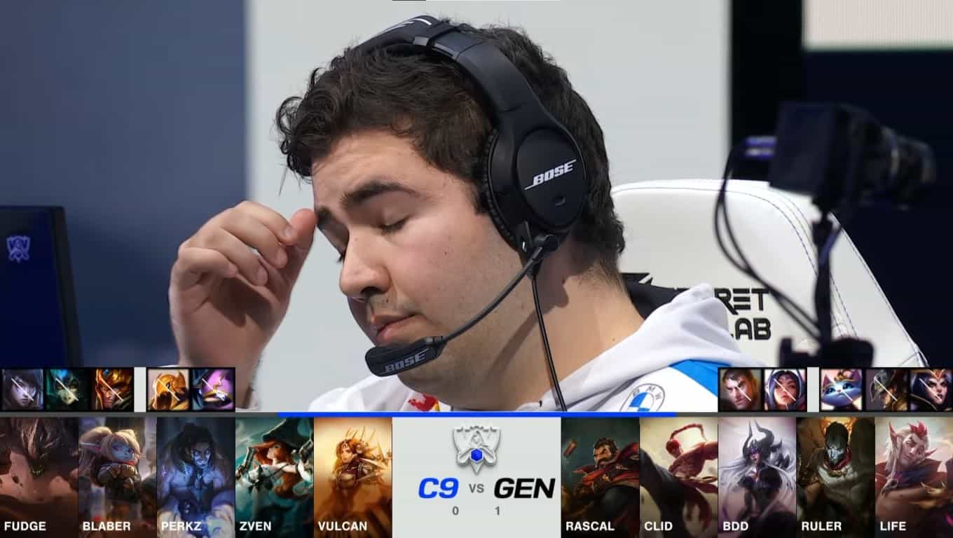 A screenshot from the 2021 World Championship Main Event Quarterfinals broadcast, showing the Game Two champion drafts between Cloud9 and Gen.G with a shot of C9 top laner Ibrahim "Fudge" Allami above.