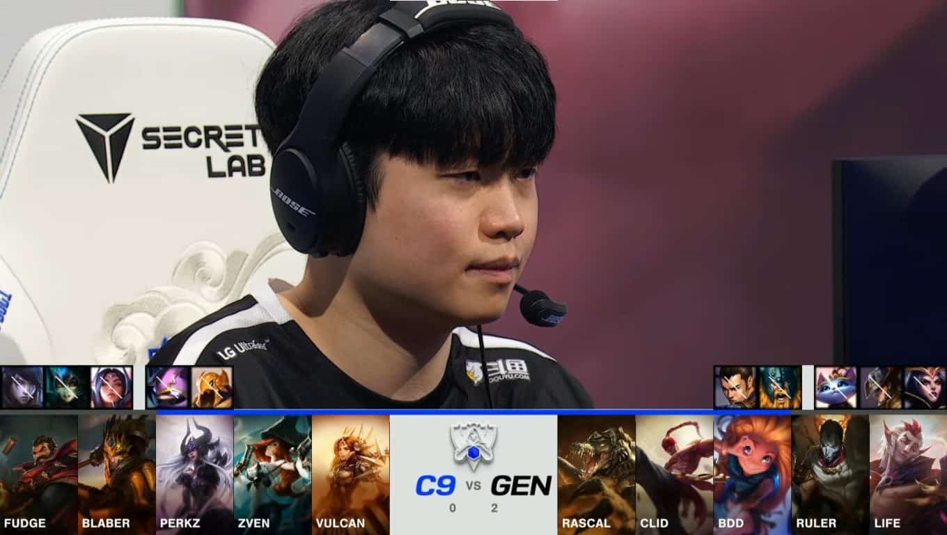 A screenshot from the 2021 World Championship Main Event Quarterfinals broadcast, showing the Game Three champion drafts between Cloud9 and Gen.G with a shot of GEN mid laner Gwak "Bdd" Bo-seong above.