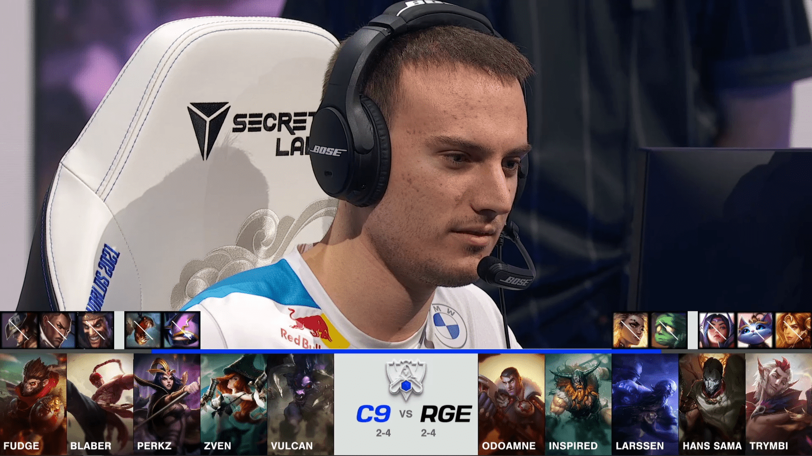 A screenshot from the 2021 World Championship Main Event Group Stage broadcast, showing the champion drafts for the tiebreaker between Rogue and Cloud9 with a shot of C9 mid laner Perkz above.