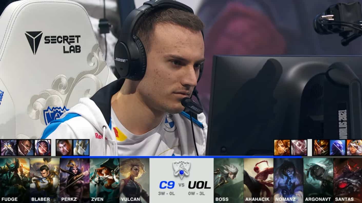 A screenshot from the 2021 World Championship Play-ins broadcast, showing the drafts between Cloud9 and Unicorns of Love with a shot of C9 Perkz in the middle.