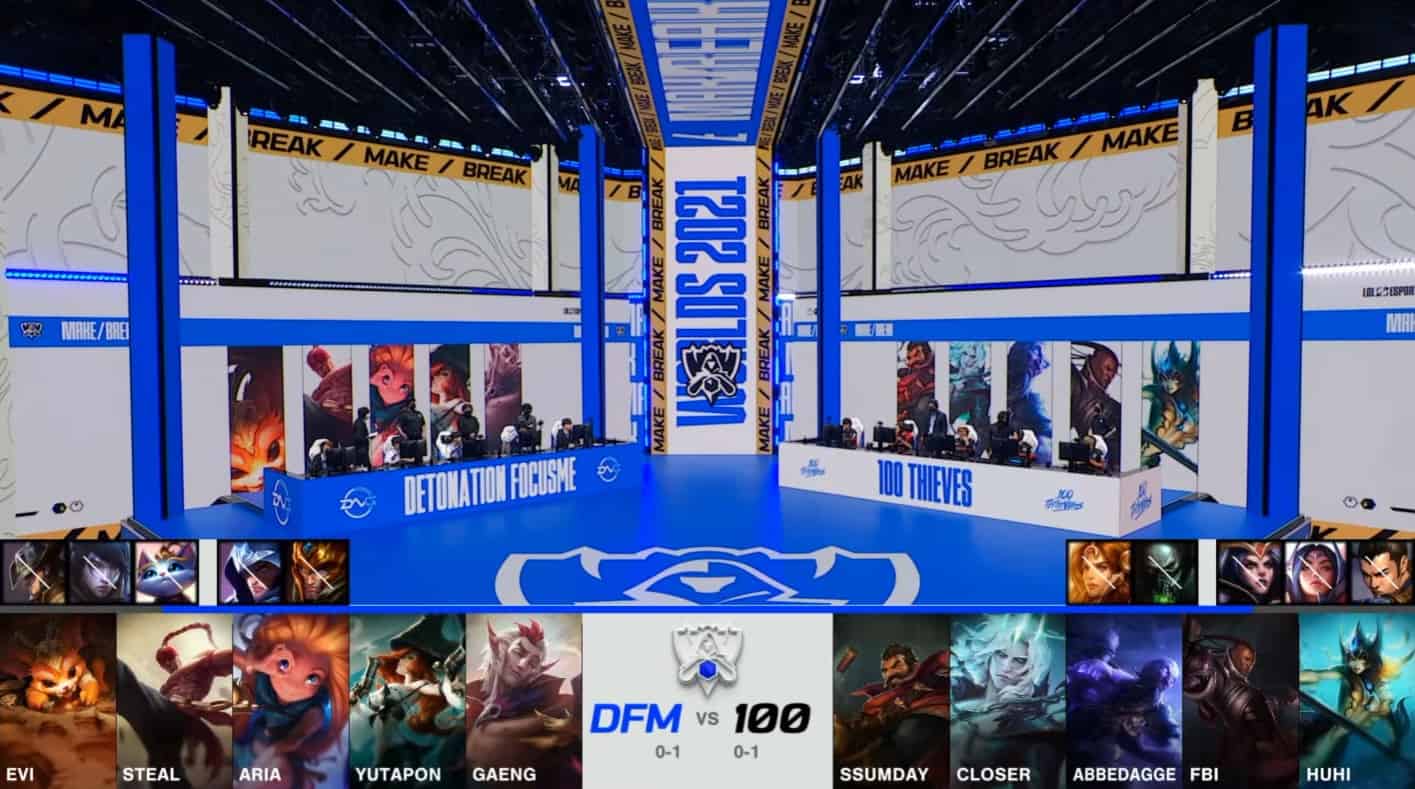 A screenshot from the 2021 World Championship Main Event Group Stage broadcast, showing the champion drafts between DetonatioN FocusMe and 100 Thieves with a shot of DFM and 100T on the Worlds stage above.