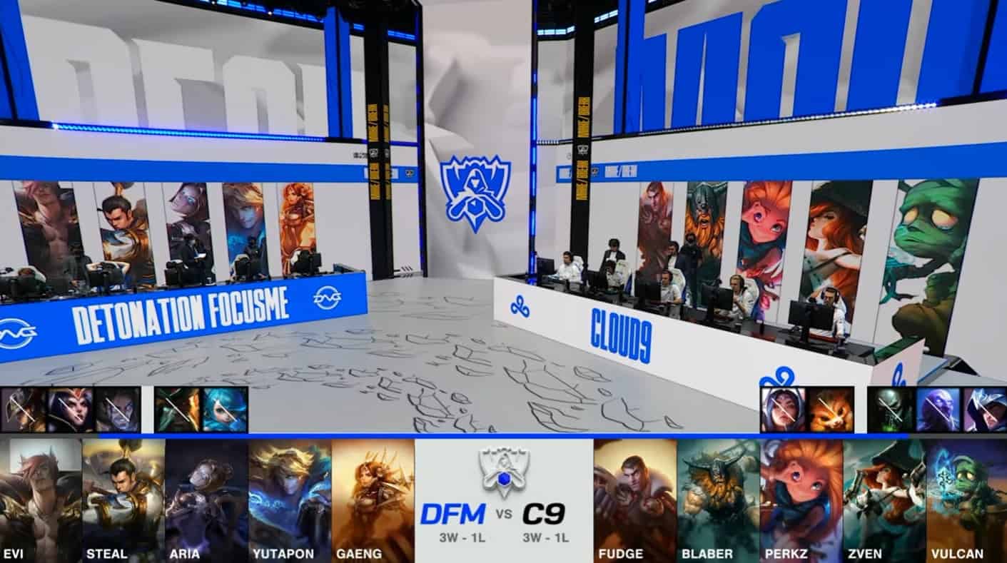 A screenshot from the 2021 World Championship Play-ins broadcast, showing the drafts between DetonatioN FocusMe and Cloud9 with a shot of DFM and C9 on the Worlds 2021 stage in the middle.