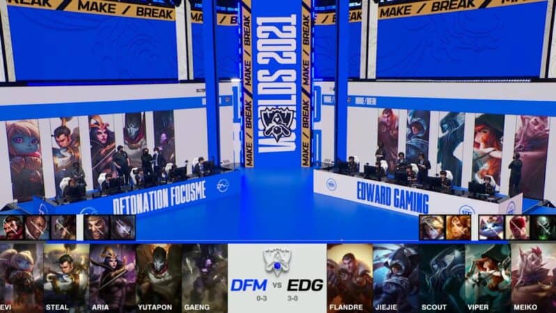 A screenshot from the 2021 World Championship Main Event Group Stage broadcast, showing the champion drafts between DetonatioN FocusMe and Edward Gaming with a shot of DFM and EDG on the Worlds 2021 stage above.