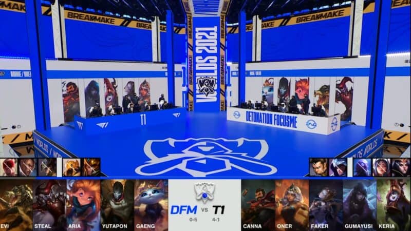 A screenshot from the 2021 World Championship Main Event Group Stage broadcast, showing the champion drafts between DetonatioN FocusMe and T1 with a shot of DFM and T1 on the Worlds 2021 stage above.