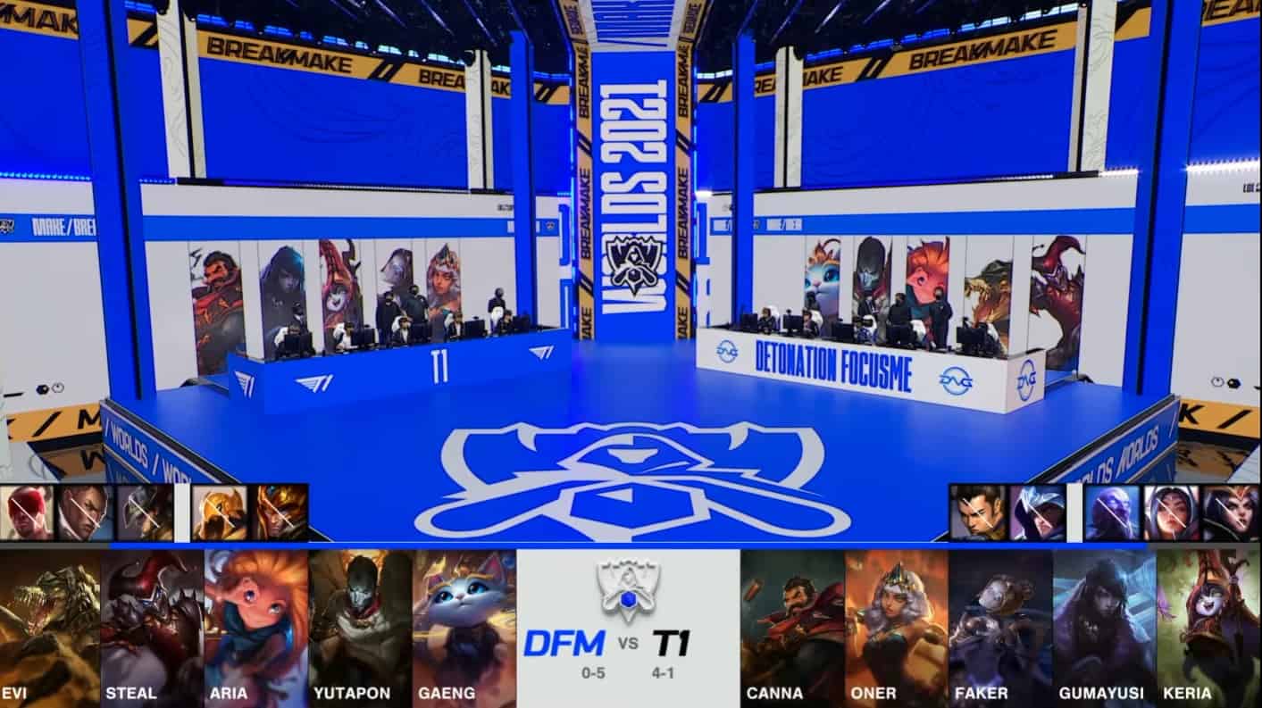 A screenshot from the 2021 World Championship Main Event Group Stage broadcast, showing the champion drafts between DetonatioN FocusMe and T1 with a shot of DFM and T1 on the Worlds 2021 stage above.
