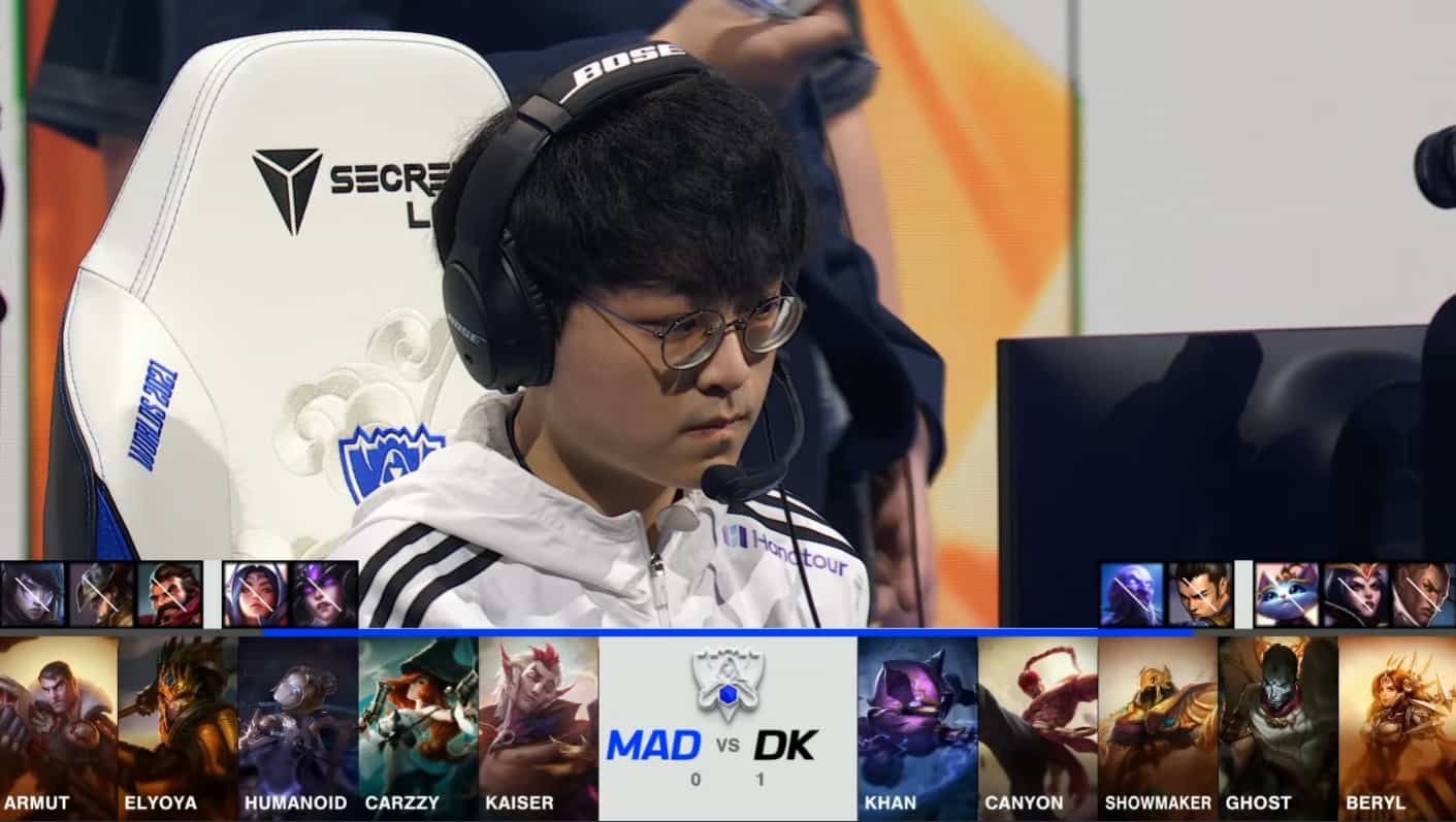 A screenshot from the 2021 World Championship Main Event Quarterfinals broadcast, showing the Game Two champion drafts between DAMWON KIA and MAD Lions with a shot of DWG KIA mid laner Showmaker above.