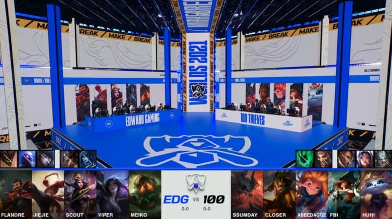 A screenshot from the 2021 World Championship Main Event Group Stage broadcast, showing the champion drafts between Edward Gaming and 100 Thieves with a shot of 100T and EDG on the Worlds 2021 stage above.