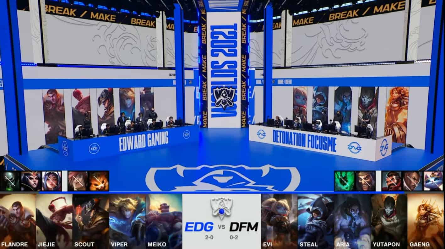 A screenshot from the 2021 World Championship Main Event Group Stage broadcast, showing the champion drafts between Edward Gaming and DetonatioN FocusMe with a shot of EDG and DFM on the Worlds 2021 stage above.