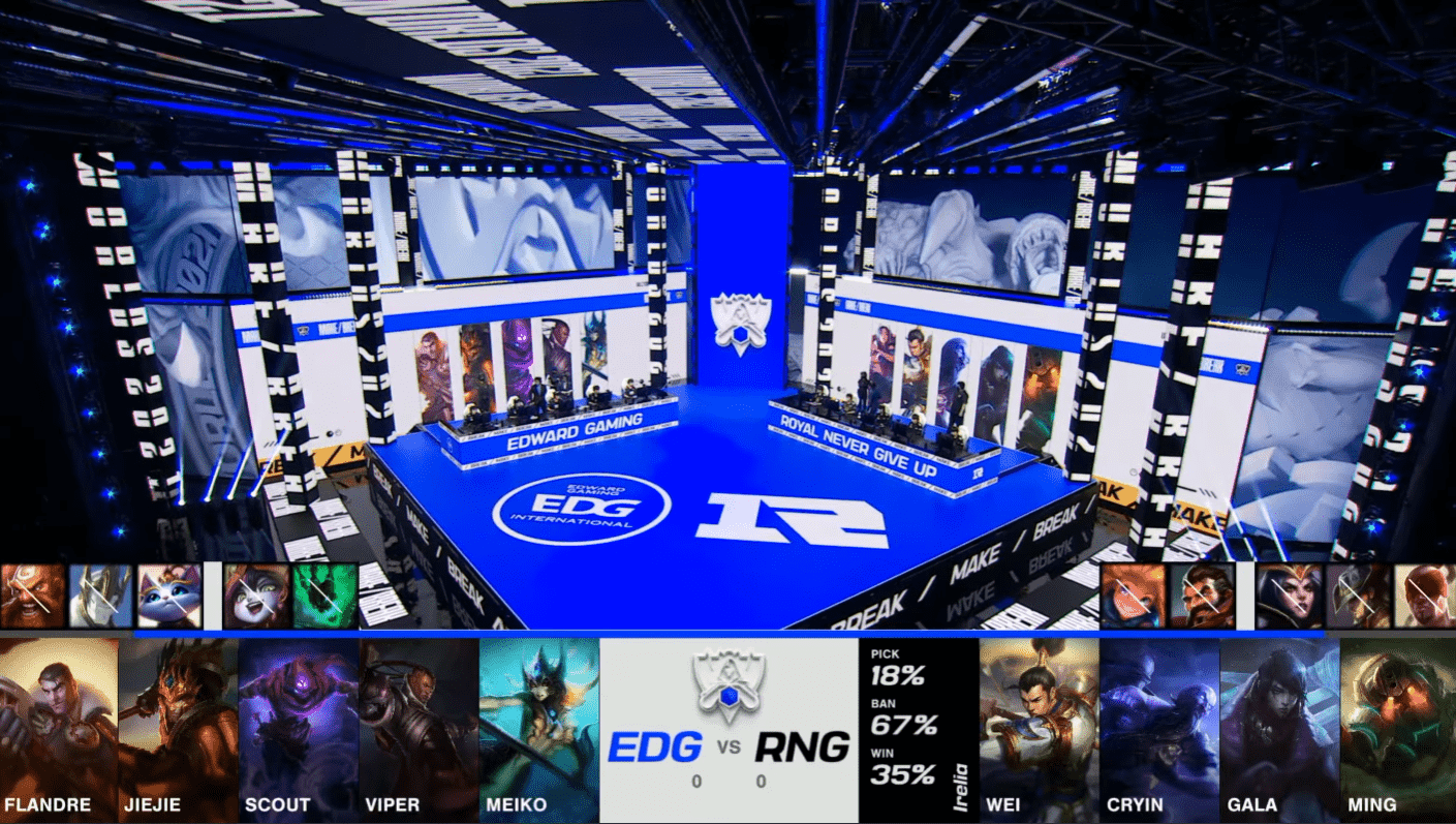 A screenshot from the 2021 World Championship Main Event Quarterfinals broadcast, showing the Game One champion drafts between Royal Never Give Up and Edward Gaming with a shot of the teams on the Worlds 2021 stage above.