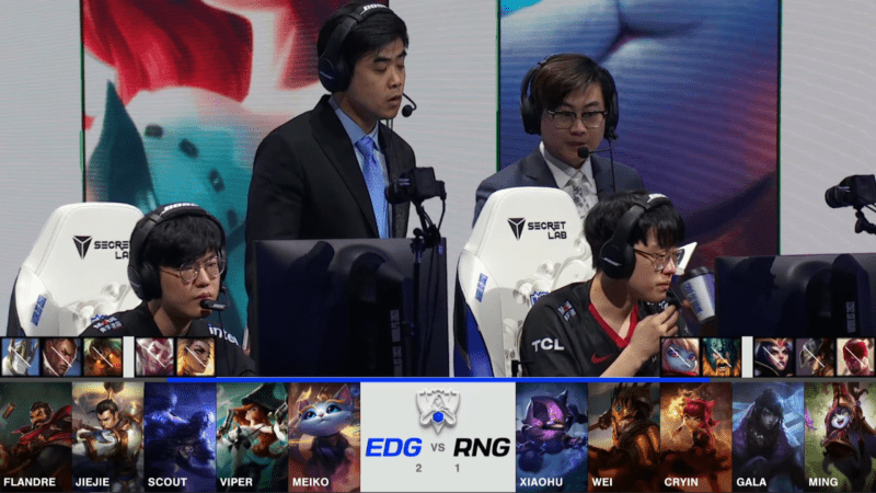 A screenshot from the 2021 World Championship Main Event Quarterfinals broadcast, showing the Game Four champion drafts between Royal Never Give Up and Edward Gaming with a shot of two EDG players and coaches above.