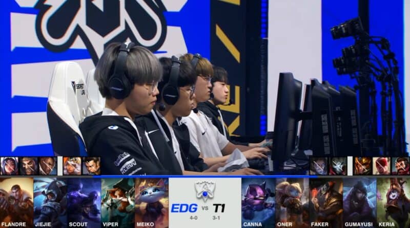 A screenshot from the 2021 World Championship Main Event Group Stage broadcast, showing the champion drafts between Edward Gaming and T1 with a shot of the EDG LoL team on the Worlds 2021 stage above.