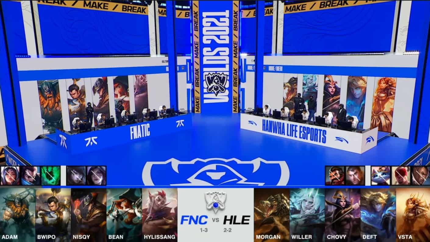 A screenshot from the 2021 World Championship Main Event Group Stage broadcast, showing the champion drafts between Fnatic and Hanwha Life Esports with a shot of FNC and HLE on the Worlds 2021 stage above.