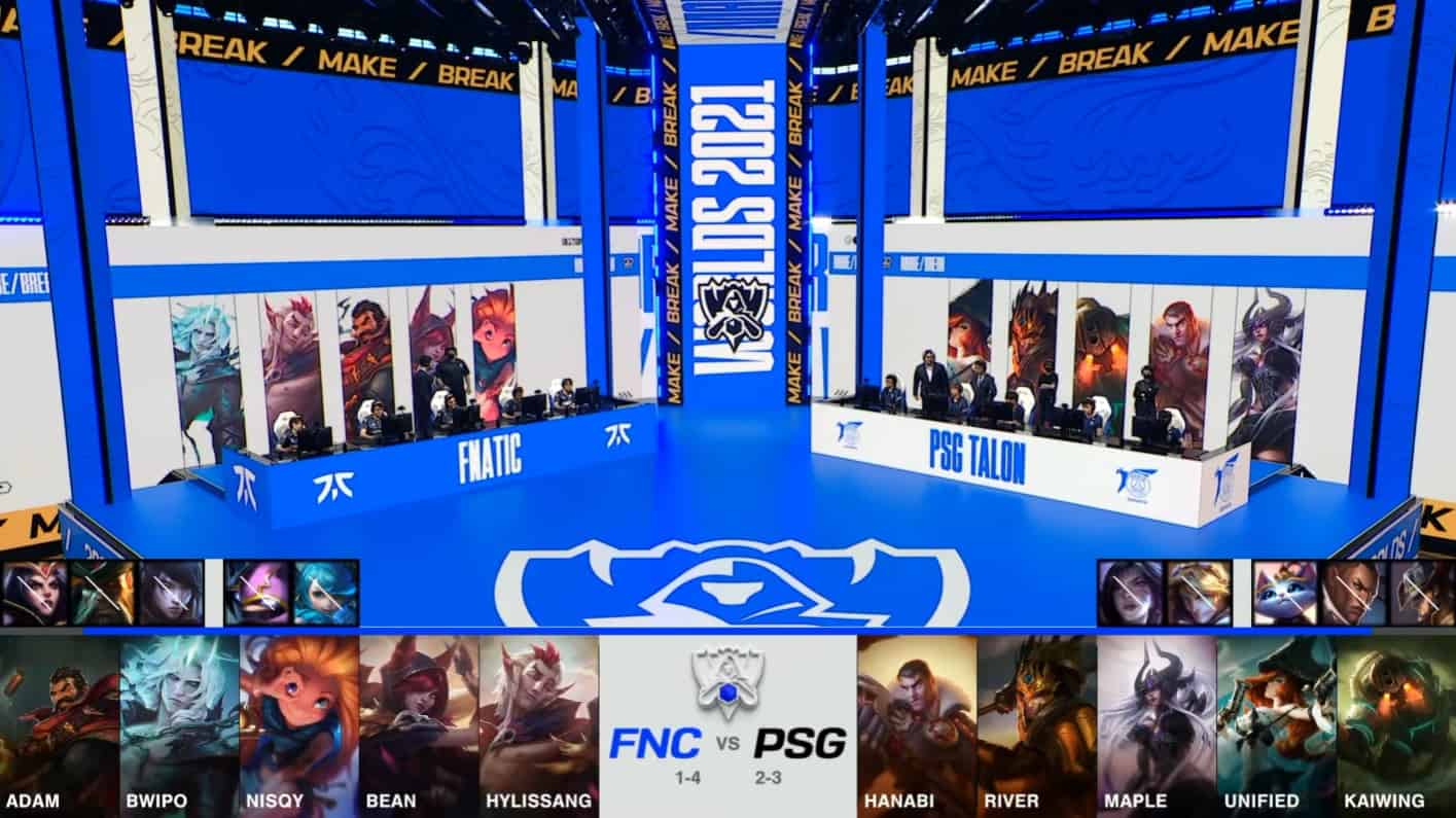 A screenshot from the 2021 World Championship Main Event Group Stage broadcast, showing the champion drafts between Fnatic and PSG Talon with a shot of the teams on the Worlds 2021 stage above.