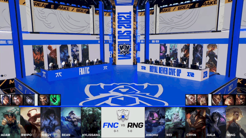 A screenshot from the 2021 World Championship Main Event Group Stage broadcast, showing the champion drafts between Fnatic and Royal Never Give Up with a shot of Fnatic and RNG on the Worlds 2021 stage above.