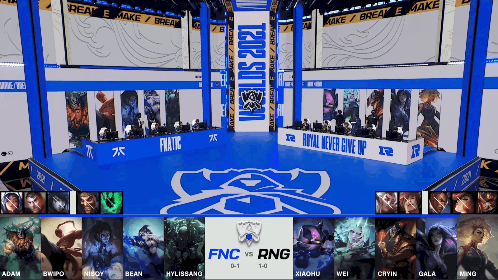 A screenshot from the 2021 World Championship Main Event Group Stage broadcast, showing the champion drafts between Fnatic and Royal Never Give Up with a shot of Fnatic and RNG on the Worlds 2021 stage above.