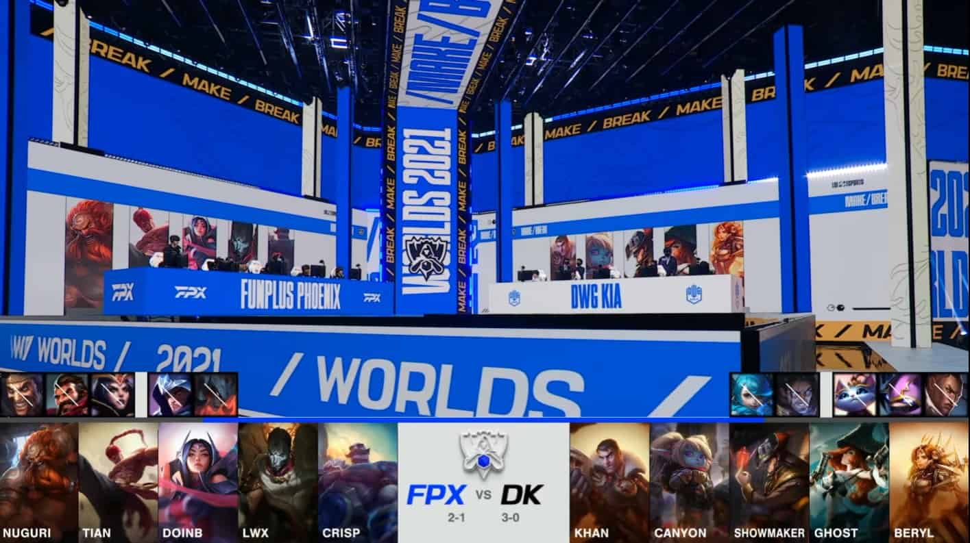 A screenshot from the 2021 World Championship Main Event Group Stage broadcast, showing the champion drafts between FunPlus Phoenix and DAMWON KIA with a shot of FPX and DK on the Worlds 2021 stage above.