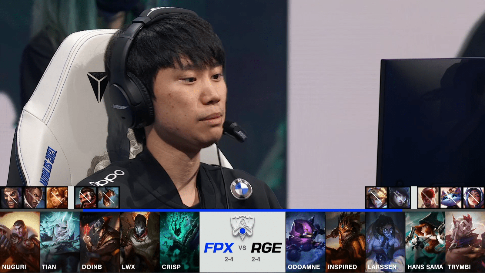 A screenshot from the 2021 World Championship Main Event Group Stage broadcast, showing the champion drafts for the tiebreaker between FunPlus Phoenix and Rogue with a shot of FPX mid laner Doinb above.