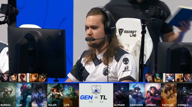 A screenshot from the 2021 World Championship Main Event Group Stage broadcast, showing the champion drafts between Gen.G and Team Liquid with a shot of TL jungler Santorin above.