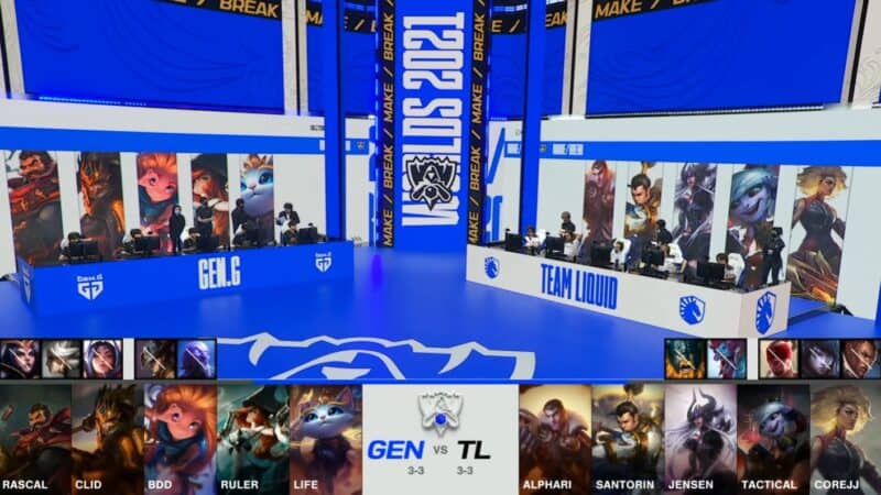 A screenshot from the 2021 World Championship Main Event Group Stage broadcast, showing the champion drafts for the tiebreaker between Team Liquid and LNG Esports with a shot of the teams on the Worlds 2021 stage above.
