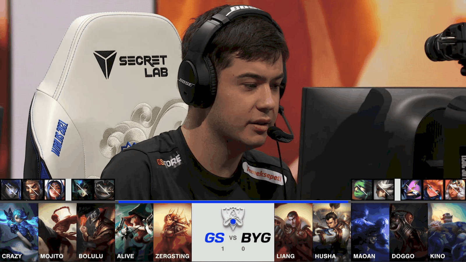 A screenshot from the 2021 World Championship Play-in Knockouts broadcast, showing the Game Two drafts between Beyond Gaming and Galatasaray Esports with a shot of GS Bolulu in the middle.