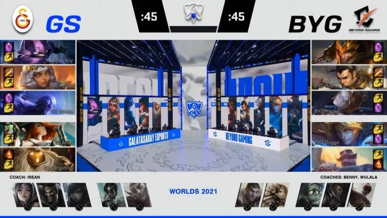 A screenshot from the 2021 World Championship Play-ins broadcast, showing the drafts between Galatasaray Esports and Beyond Gaming with a shot of the Worlds 2021 stage in the middle.