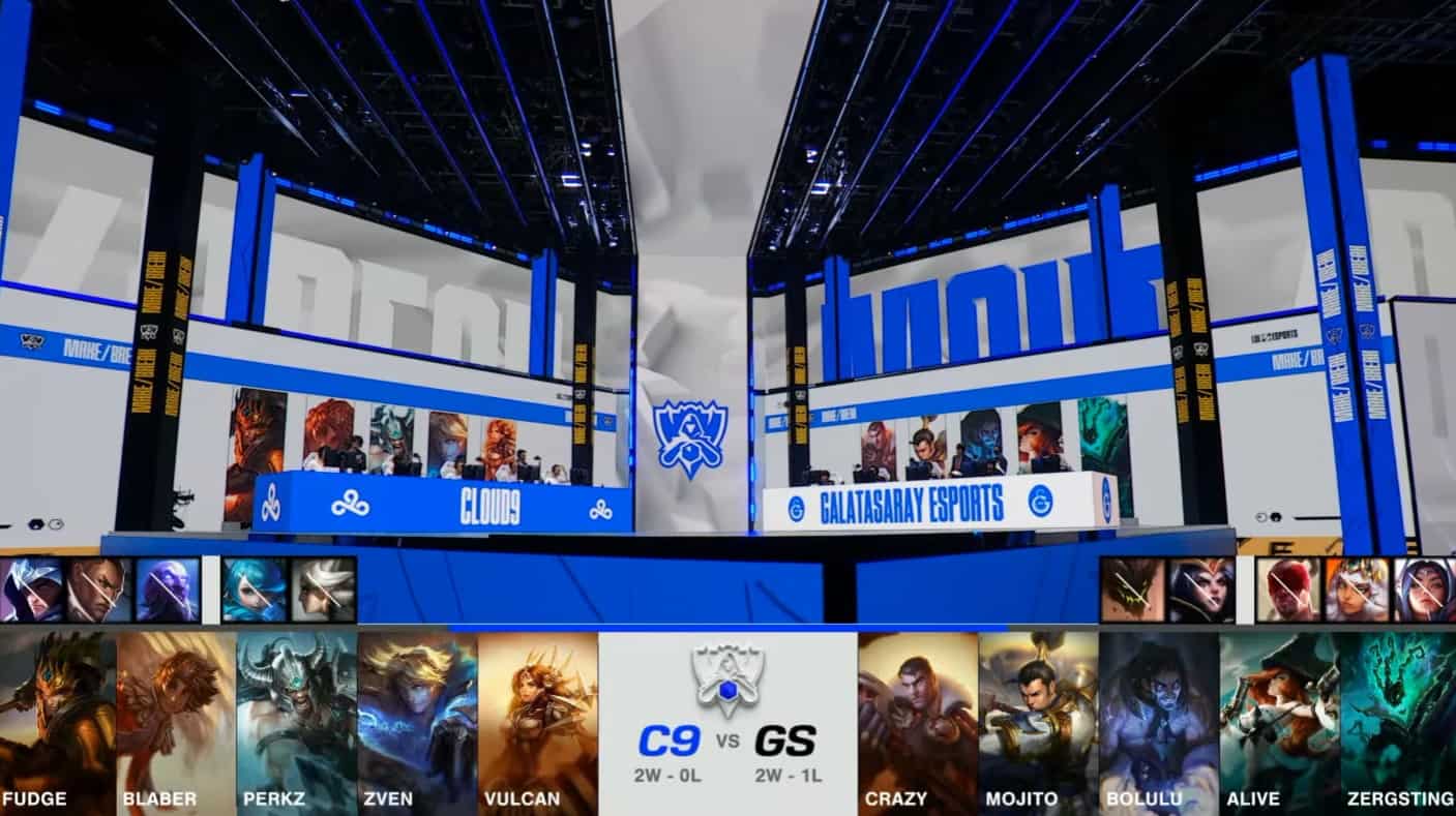 A screenshot from the 2021 World Championship Play-ins broadcast, showing the drafts between Galatasaray Esports and Cloud9 with a shot of the Worlds 2021 stage in the middle.