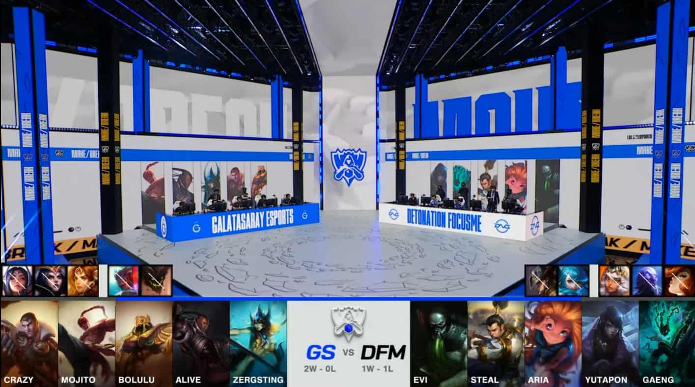 A screenshot from the 2021 World Championship Play-ins broadcast, showing the drafts between Galatasaray Esports and DetonatioN FocusMe with a shot of the teams on the Worlds 2021 stage in the middle.