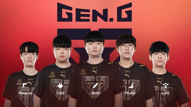 The Gen.G LoL roster of Rascal, Clid, BDD, Ruler and Life appear together with their names in front of them and a Gen.G logo on a red background behind.