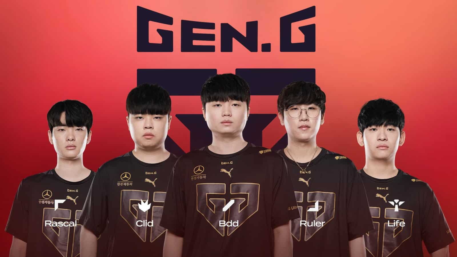 The Gen.G LoL roster of Rascal, Clid, BDD, Ruler and Life appear together with their names in front of them and a Gen.G logo on a red background behind.