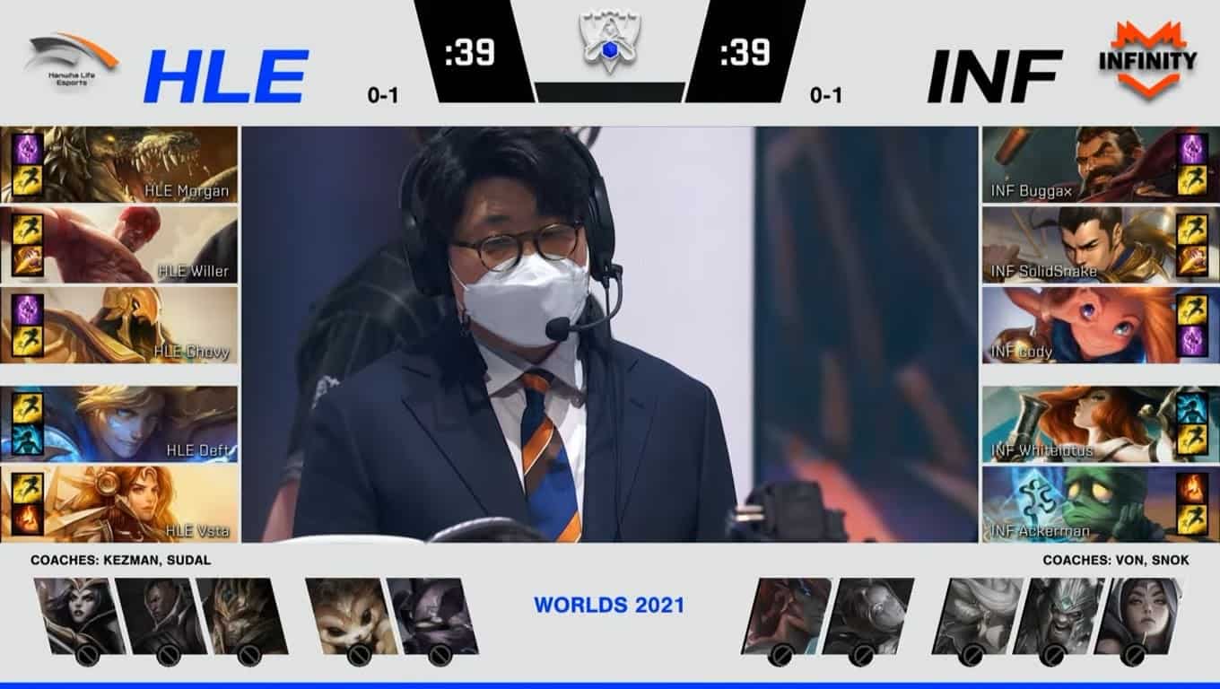 A screenshot from the 2021 World Championship Play-ins broadcast, showing the drafts between Hanwha Life Esports and Infinity Esports with a shot of HLE coach Son "Kezman" Dae-young in the middle.