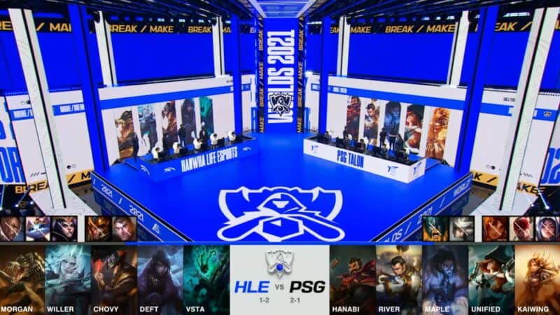 A screenshot from the 2021 World Championship Main Event Group Stage broadcast, showing the champion drafts between Hanwha Life and PSG Talon with a shot of HLE and PSG on the Worlds 2021 stage above.