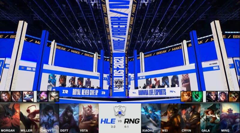 A screenshot from the 2021 World Championship Main Event Group Stage broadcast, showing the champion drafts between Hanwha Life and RNG with a shot of the teams on the Worlds 2021 stage above.