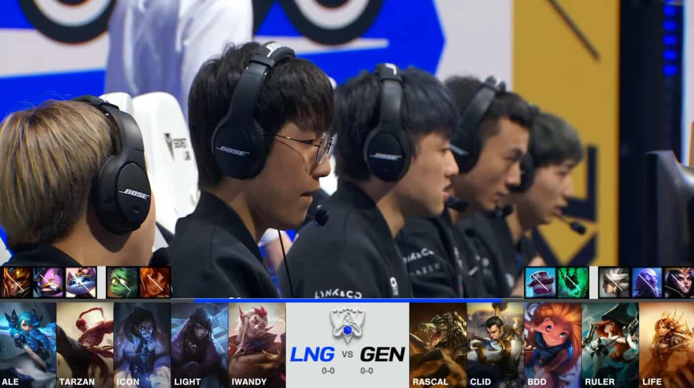 A screenshot from the 2021 World Championship Main Event Group Stage broadcast, showing the champion drafts between Gen.G and LNG Esports with a shot of the LNG LoL team on the Worlds 2021 stage above.