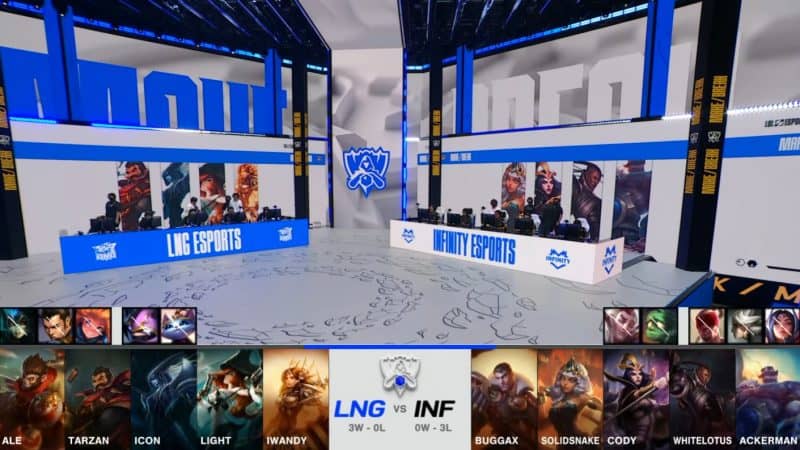A screenshot from the 2021 World Championship Play-ins broadcast, showing the drafts between LNG Esports and Infinity Esports with a shot of the Worlds 2021 stage in the middle.