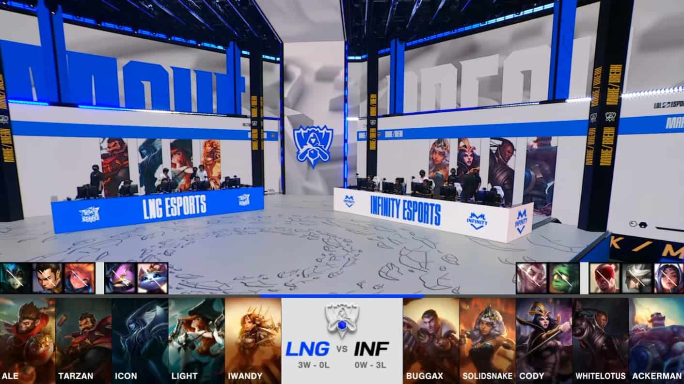 A screenshot from the 2021 World Championship Play-ins broadcast, showing the drafts between LNG Esports and Infinity Esports with a shot of the Worlds 2021 stage in the middle.