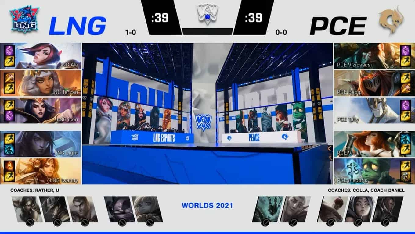 A screenshot from the 2021 World Championship Play-ins broadcast, showing the drafts between LNG Esports and PEACE with a shot of the Worlds 2021 stage in the middle.