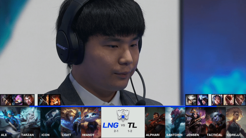 A screenshot from the 2021 World Championship Main Event Group Stage broadcast, showing the champion drafts between LNG Esports and Team Liquid with a shot of LNG coach YiL above.