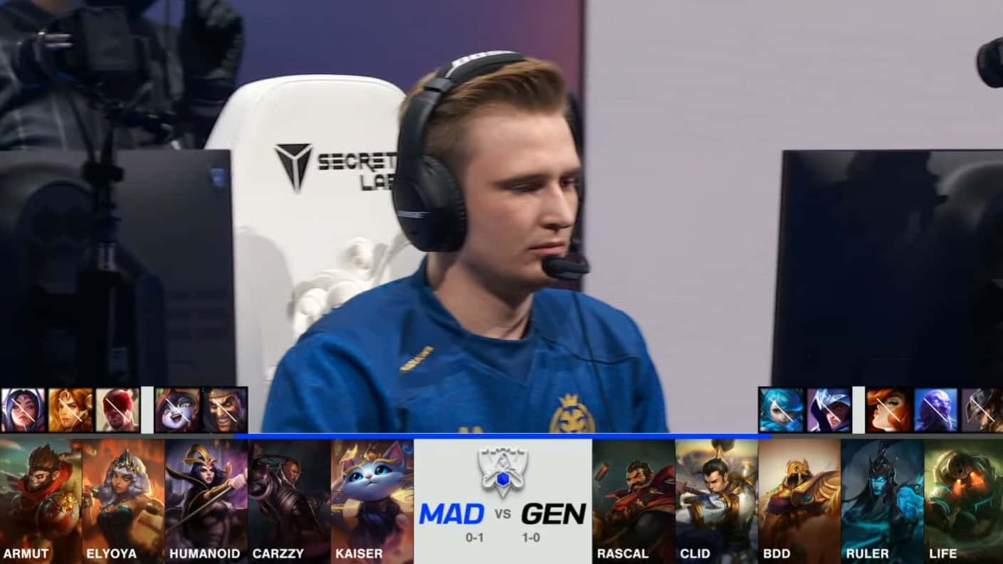 A screenshot from the 2021 World Championship Main Event Group Stage broadcast, showing the champion drafts between MAD Lions and Gen.G with a shot of MAD mid laner Humanoid above.