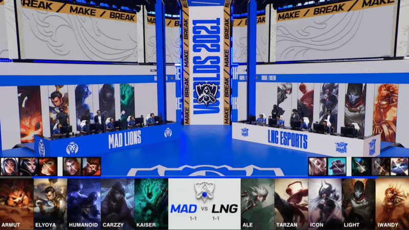A screenshot from the 2021 World Championship Main Event Group Stage broadcast, showing the champion drafts between MAD Lions and LNG Esports with a shot of MAD and LNG on the Worlds 2021 stage above.