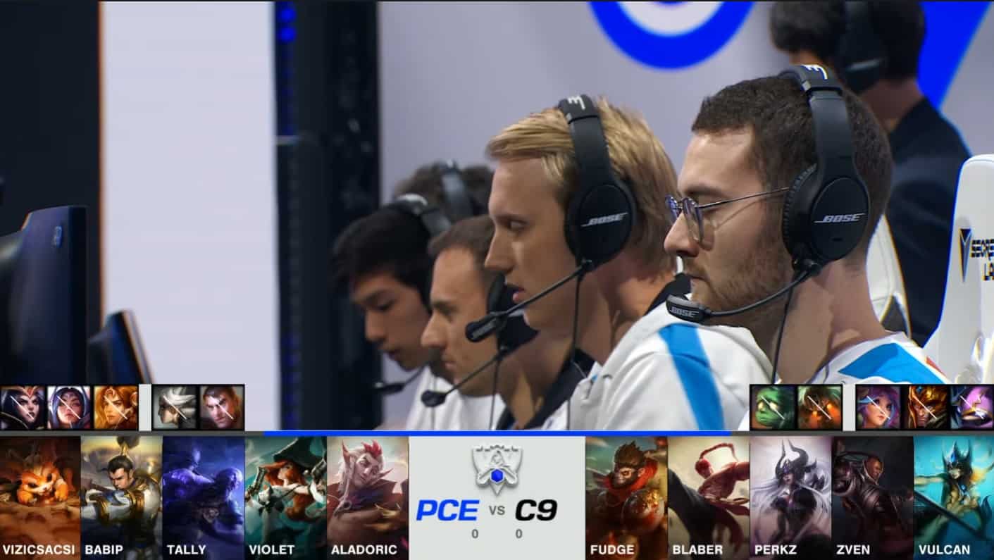 A screenshot from the 2021 World Championship Play-in Knockouts broadcast, showing the Game One drafts between PEACE and Cloud9 with a shot of the C9 roster above.