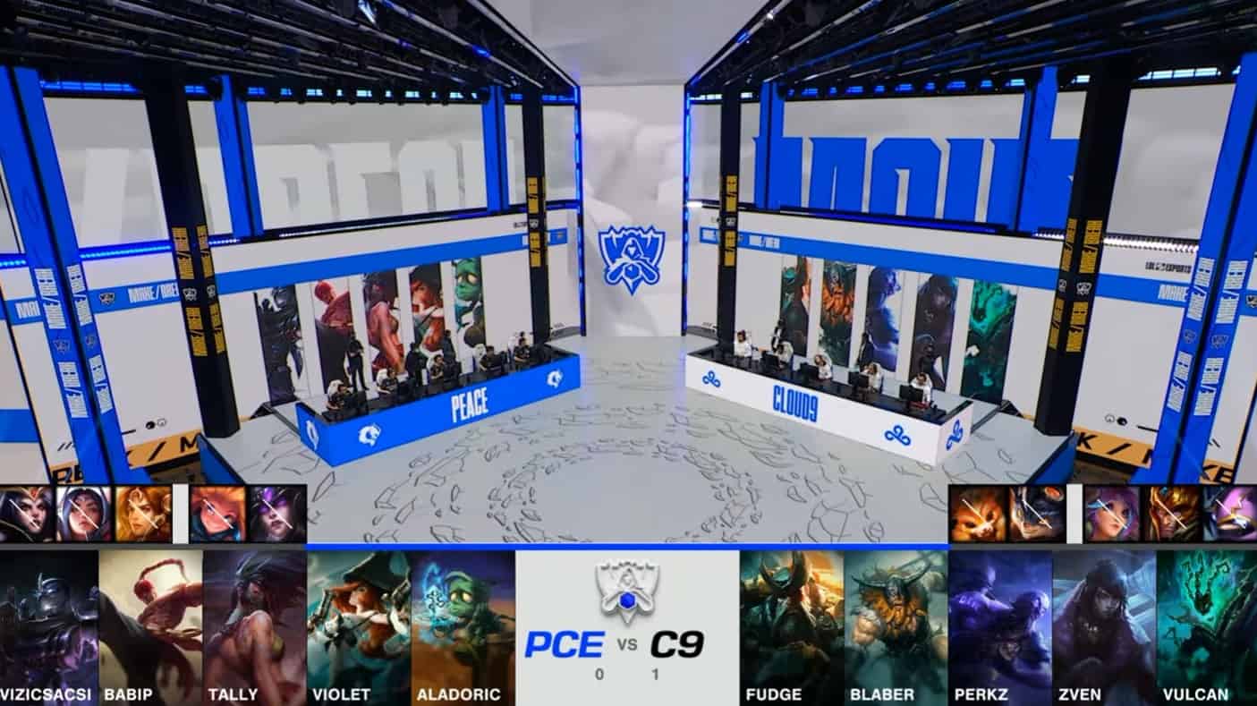 A screenshot from the 2021 World Championship Play-in Knockouts broadcast, showing the Game Two drafts between PEACE and Cloud9 with a shot of the teams on the Worlds 2021 stage above.