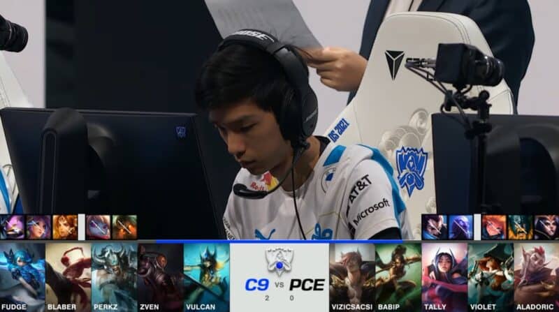 A screenshot from the 2021 World Championship Play-in Knockouts broadcast, showing the Game Three drafts between PEACE and Cloud9 with a shot of C9 Blaber above.