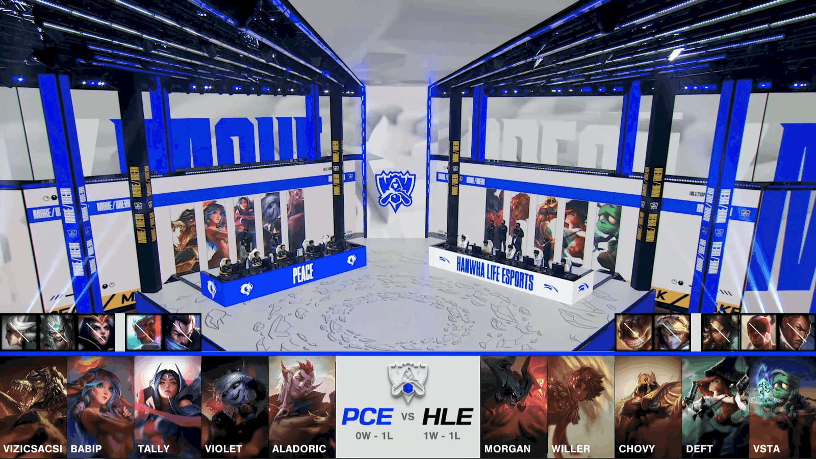 A screenshot from the 2021 World Championship Play-ins broadcast, showing the drafts between PEACE and Hanwha Life with a shot of the Worlds 2021 stage in the middle.
