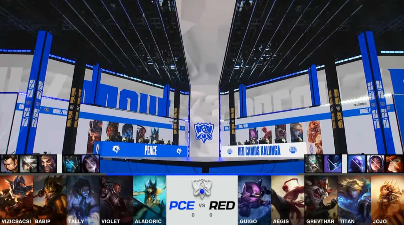 A screenshot from the 2021 World Championship Play-in Knockouts broadcast, showing the Game One drafts between PEACE and RED Canids with a shot of the teams on the Worlds 2021 stage above.