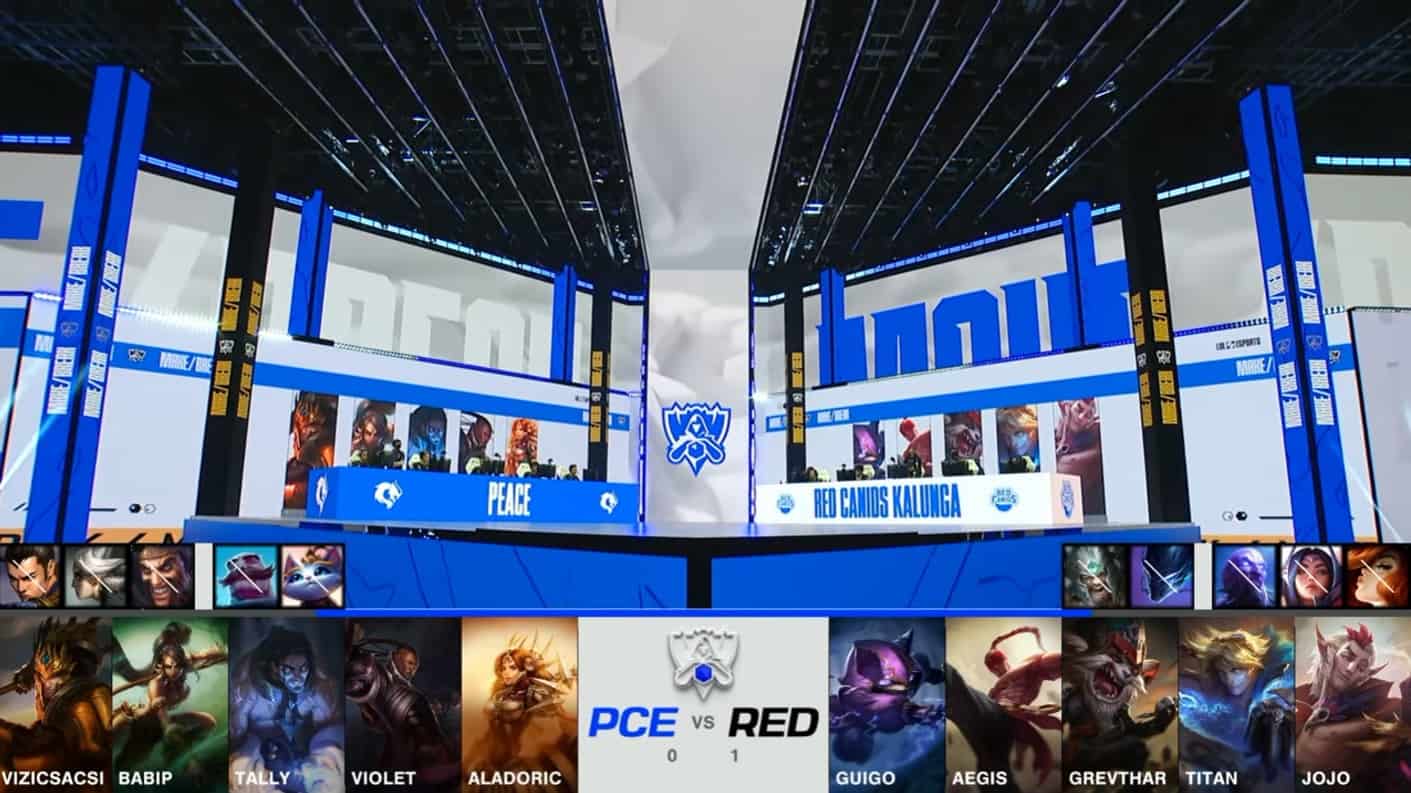 A screenshot from the 2021 World Championship Play-in Knockouts broadcast, showing the Game Two drafts between PEACE and RED Canids with a shot of the teams on the Worlds 2021 stage above.